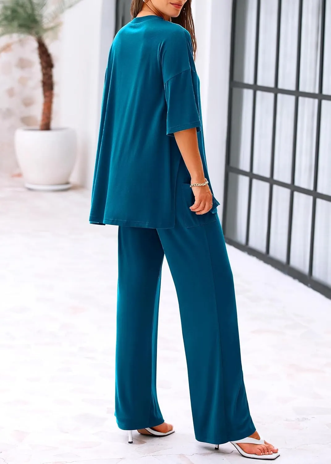 KIRUNDO Womens 2 Piece Outfits 2025 Summer Casual Loose Short Sleeve Pullover Tops & Wide Leg Pants Lounge Sets Tracksuit