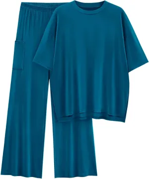 KIRUNDO Womens 2 Piece Outfits 2025 Summer Casual Loose Short Sleeve Pullover Tops & Wide Leg Pants Lounge Sets Tracksuit