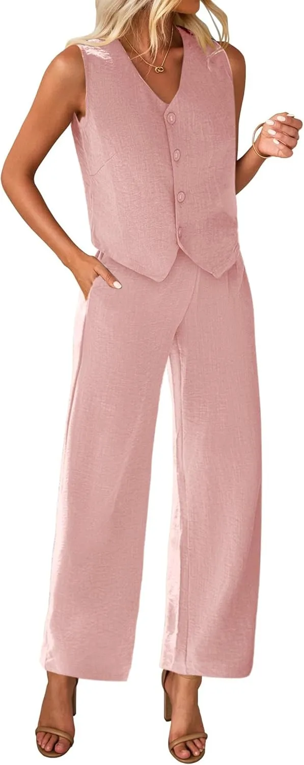 KIRUNDO Womens Two Piece Outfits Summer Fashion Button V Neck Crop Vest Blazer and Wide Leg Pants Suit Matching Sets