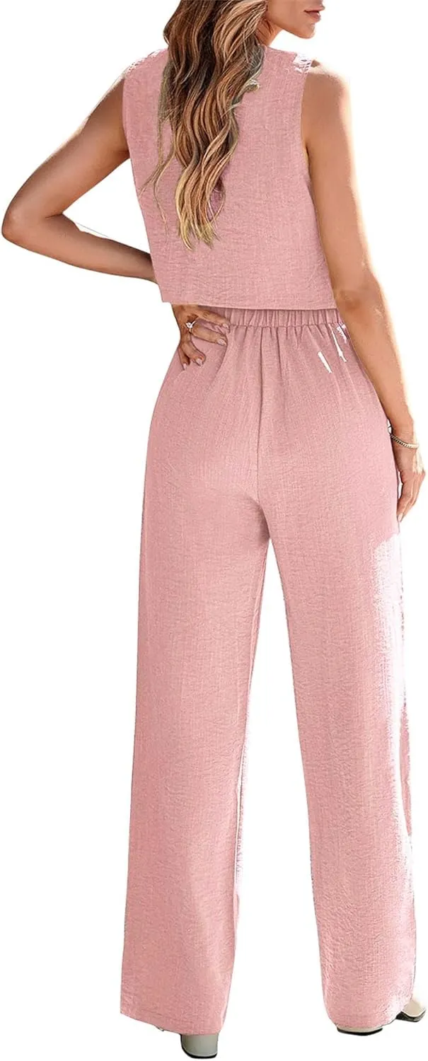 KIRUNDO Womens Two Piece Outfits Summer Fashion Button V Neck Crop Vest Blazer and Wide Leg Pants Suit Matching Sets