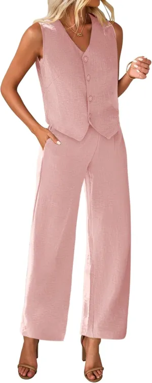 KIRUNDO Womens Two Piece Outfits Summer Fashion Button V Neck Crop Vest Blazer and Wide Leg Pants Suit Matching Sets