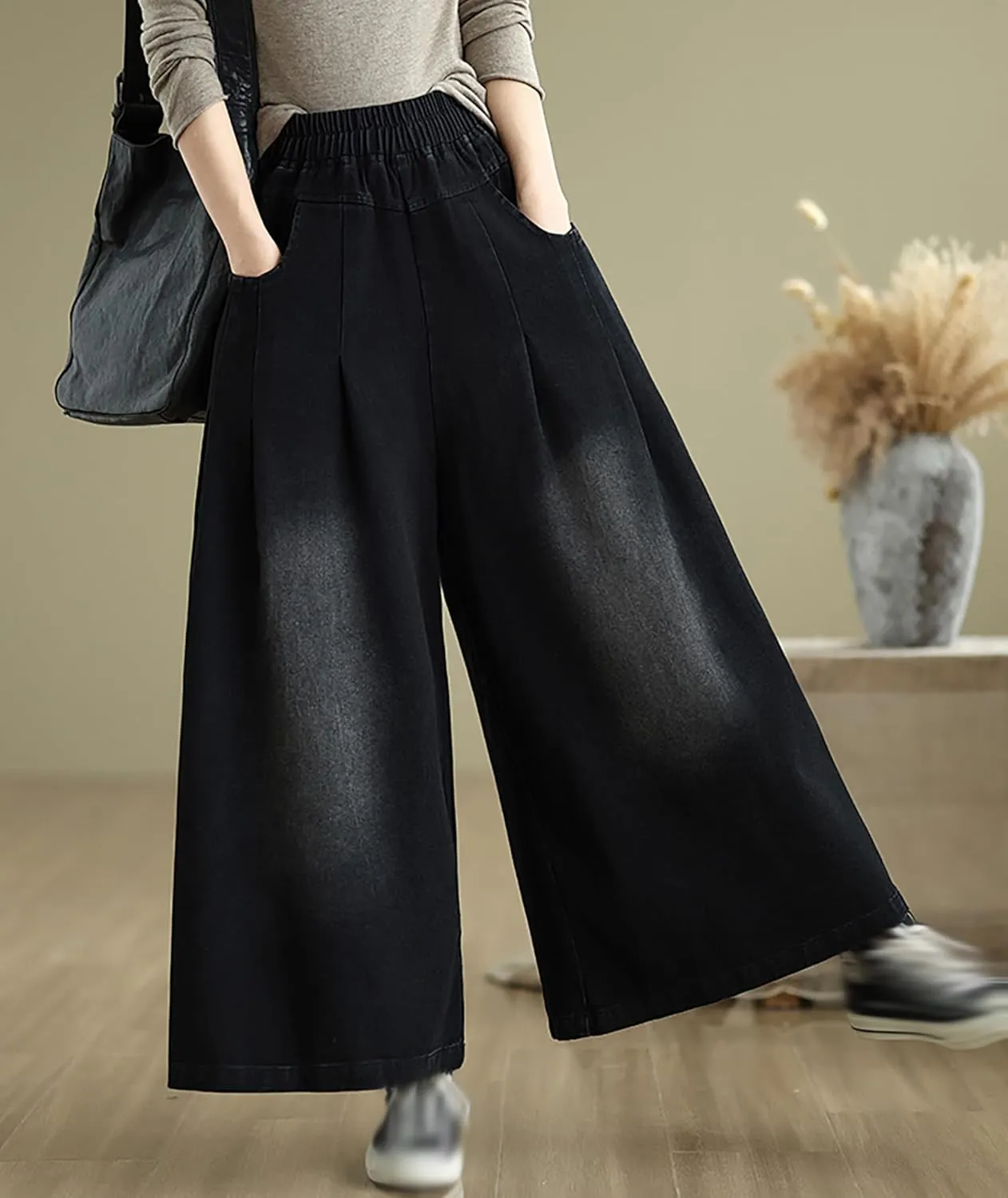 LAI MENG FIVE CATS Women's Loose Elastic Waist Wide Leg Denim Pants with Double Pockets