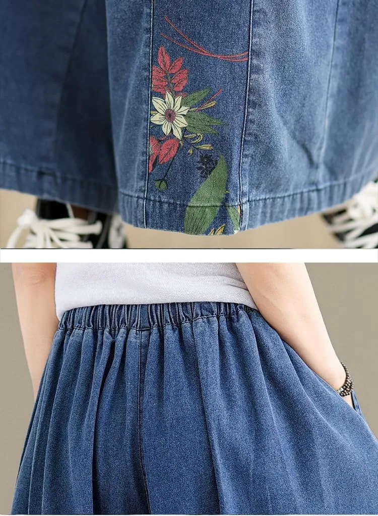 LAI MENG FIVE CATS Women's Loose Elastic Waist Wide Leg Denim Pants with Double Pockets