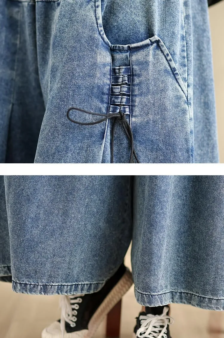 LAI MENG FIVE CATS Women's Loose Elastic Waist Wide Leg Denim Pants with Double Pockets