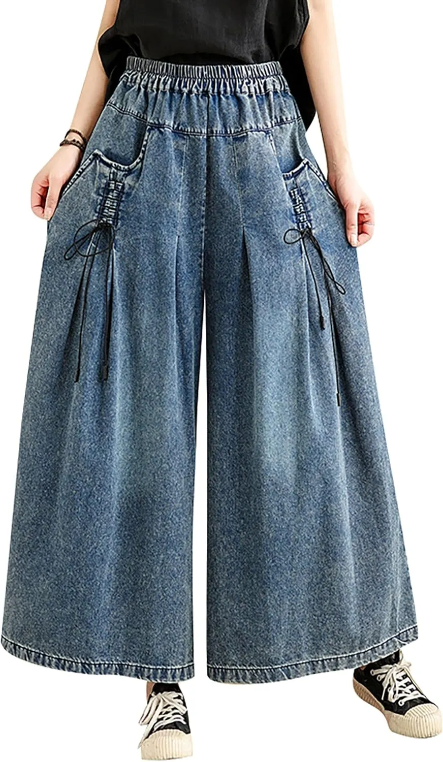 LAI MENG FIVE CATS Women's Loose Elastic Waist Wide Leg Denim Pants with Double Pockets