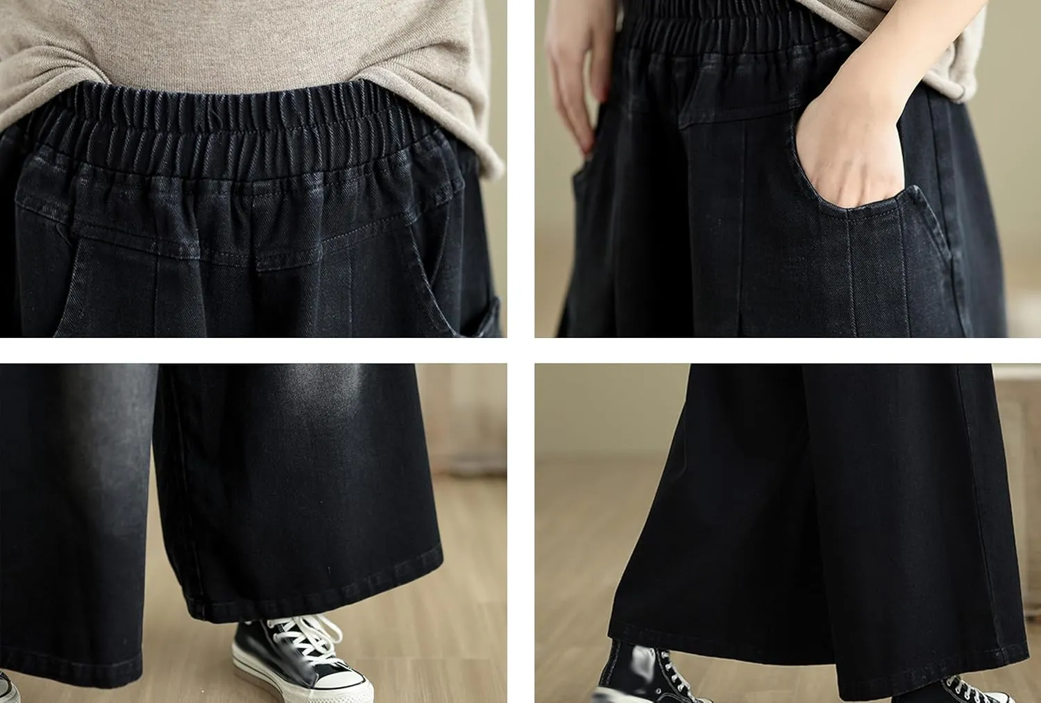 LAI MENG FIVE CATS Women's Loose Elastic Waist Wide Leg Denim Pants with Double Pockets