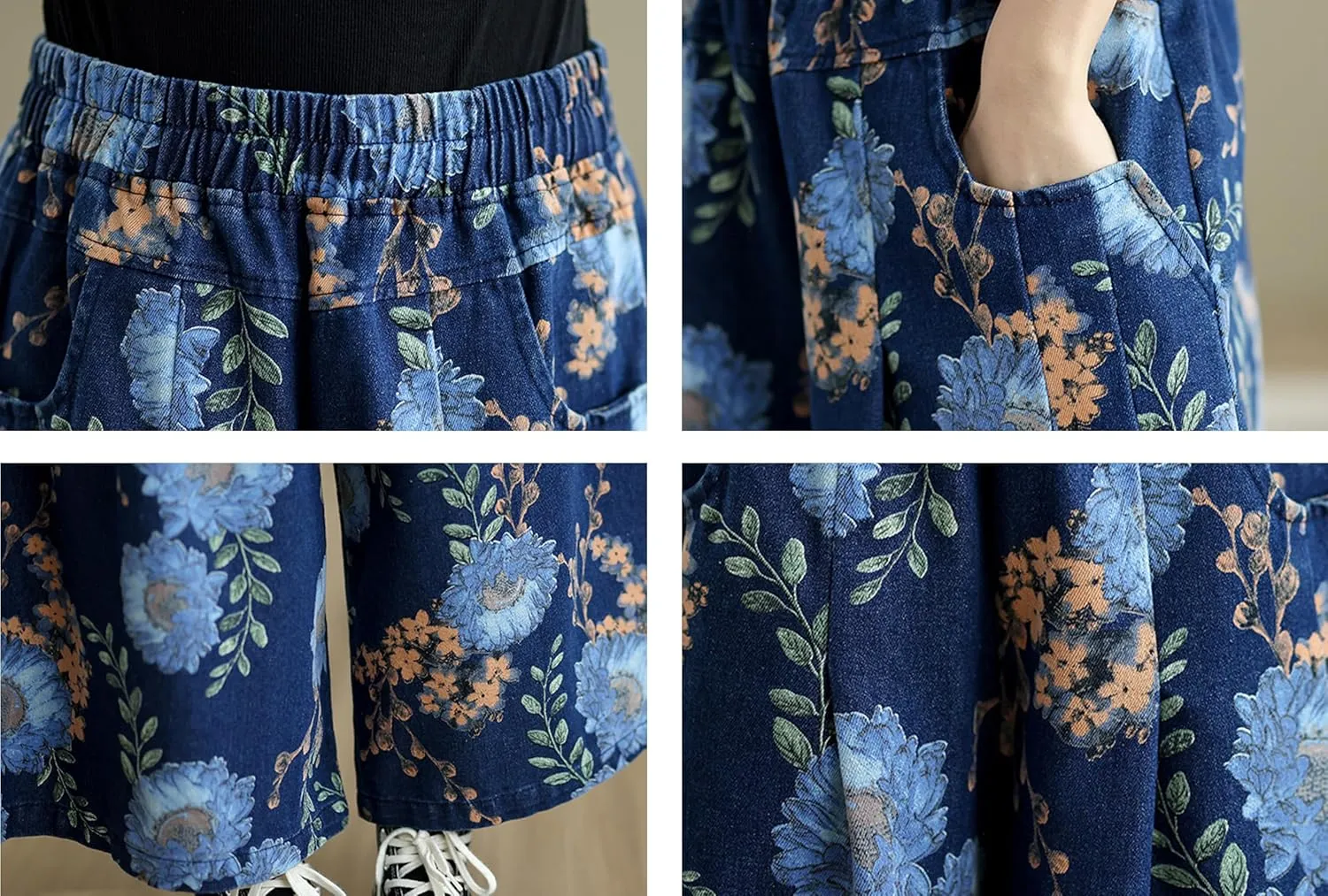 LAI MENG FIVE CATS Women's Loose Elastic Waist Wide Leg Denim Pants with Double Pockets