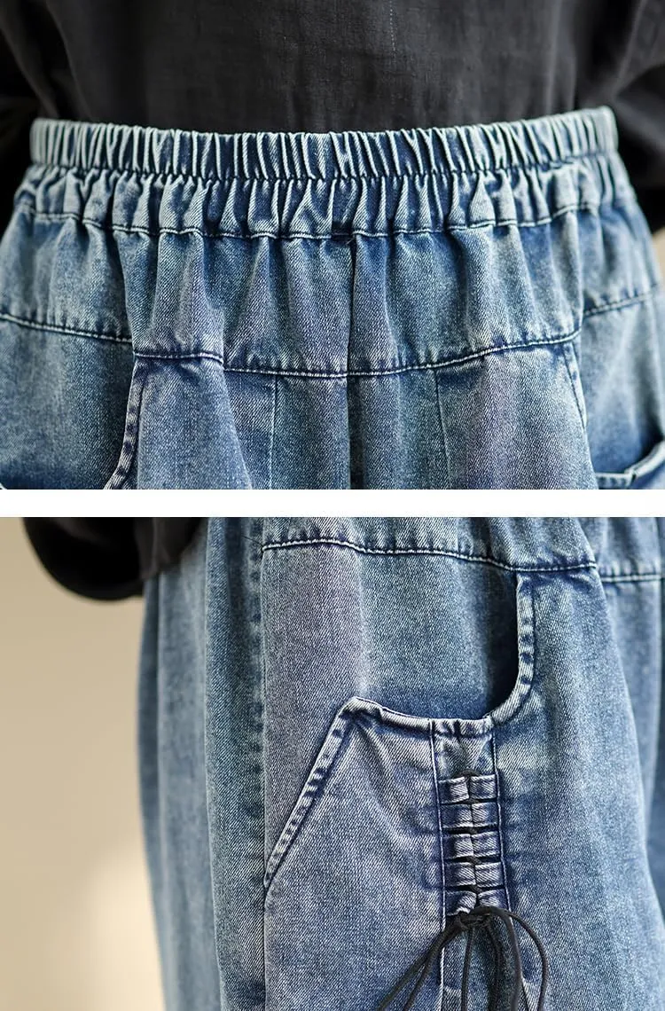 LAI MENG FIVE CATS Women's Loose Elastic Waist Wide Leg Denim Pants with Double Pockets