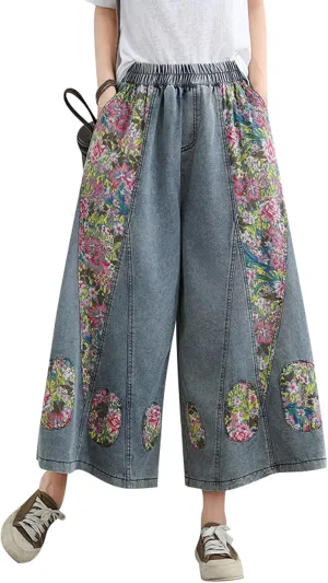 LAI MENG FIVE CATS Women's Loose Elastic Waist Wide Leg Denim Pants with Double Pockets