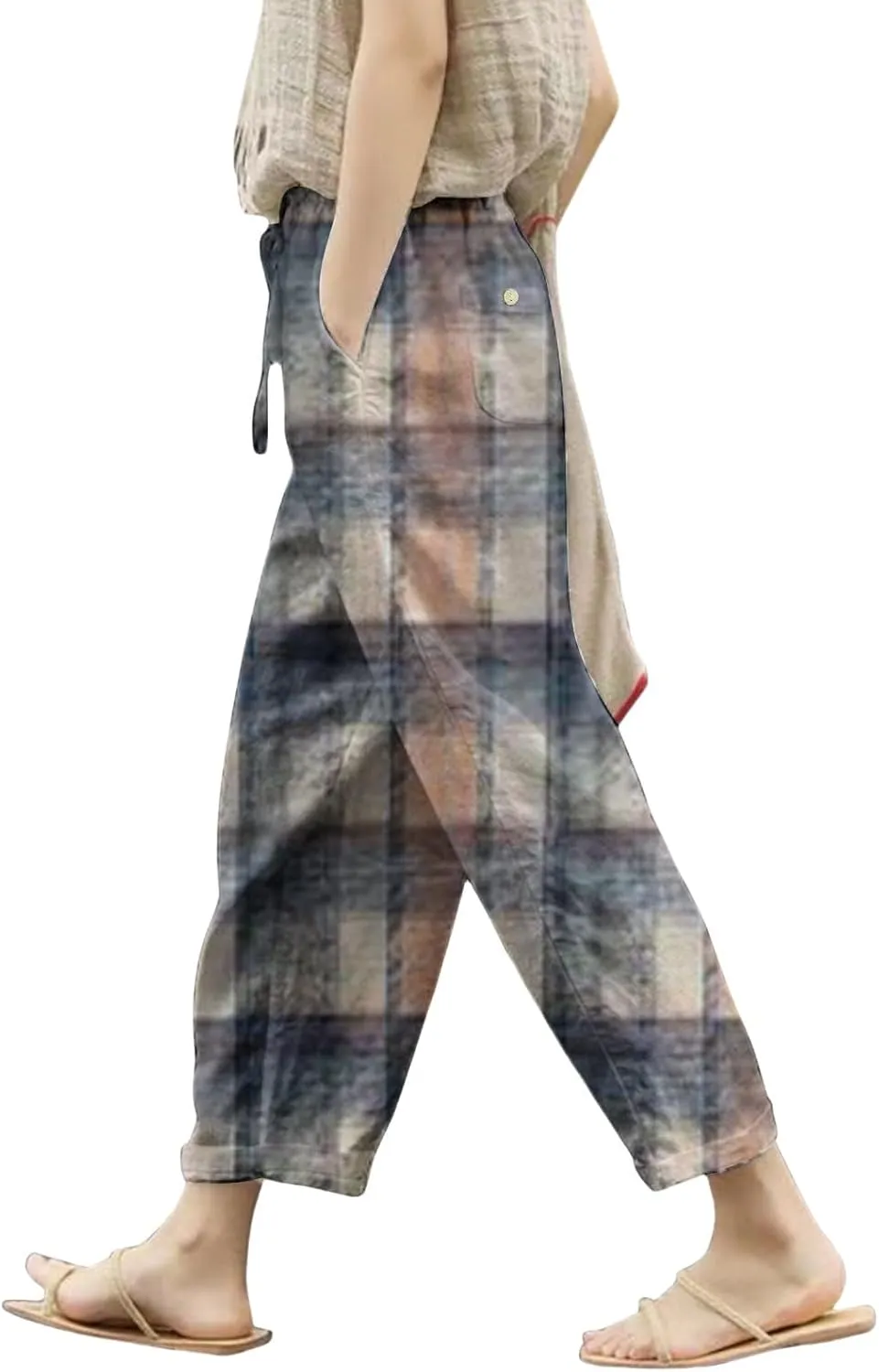 Leggings with Pockets for Women Drawstring Pants Plus Size Trendy Striped Spring Summer Gauze Pants Linen Pants Yoga