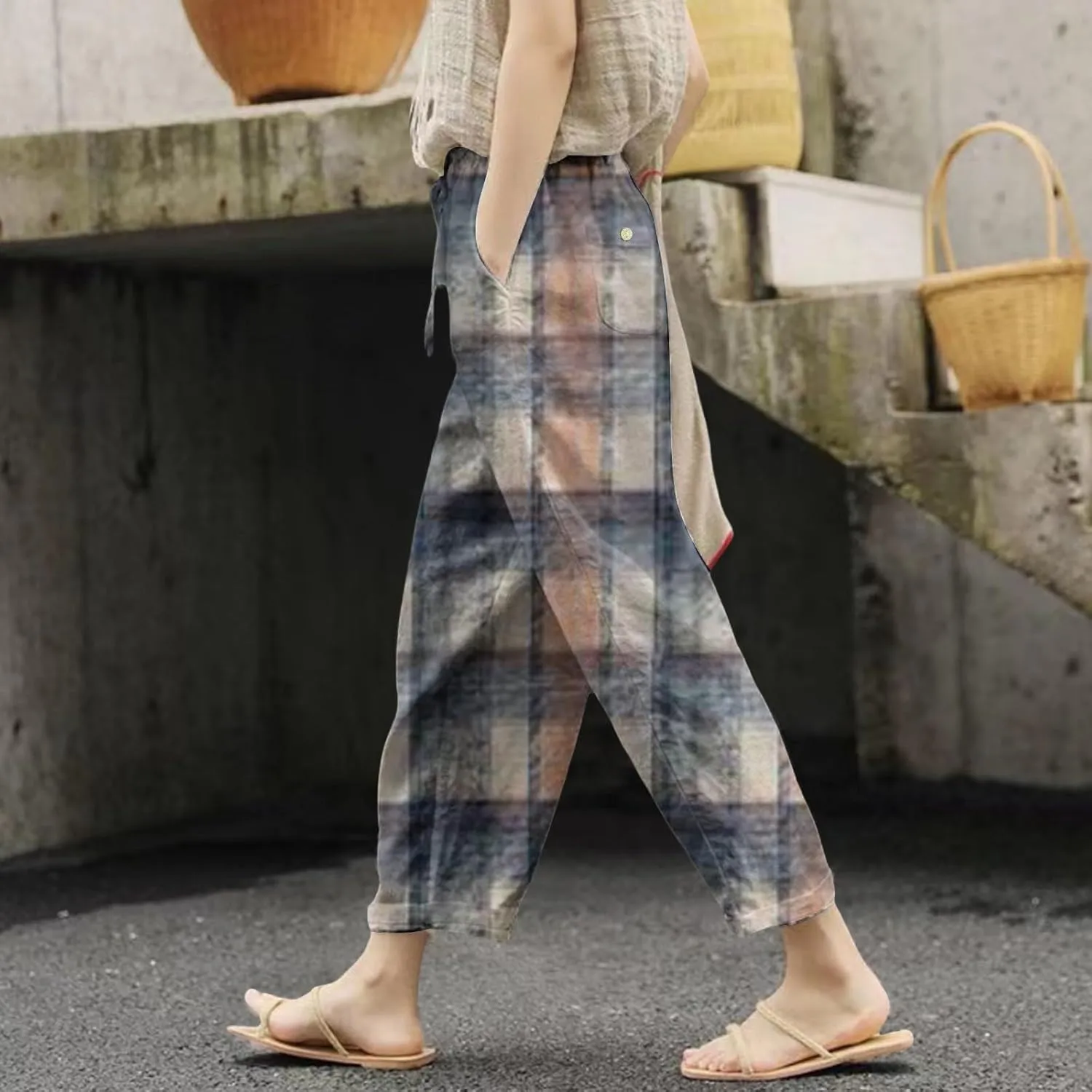 Leggings with Pockets for Women Drawstring Pants Plus Size Trendy Striped Spring Summer Gauze Pants Linen Pants Yoga