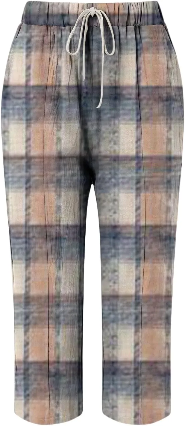 Leggings with Pockets for Women Drawstring Pants Plus Size Trendy Striped Spring Summer Gauze Pants Linen Pants Yoga