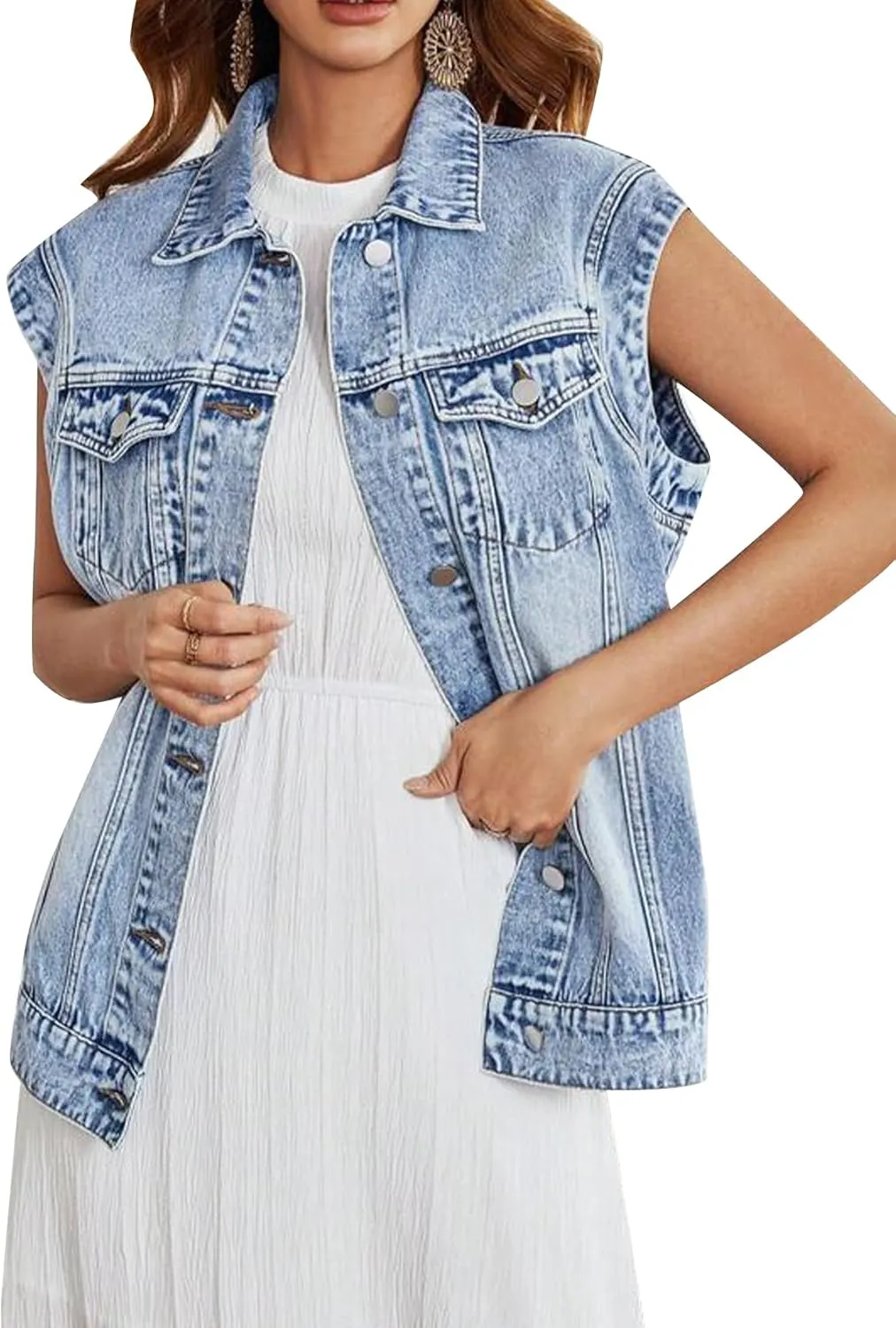 LifeShe Women Denim Vest Jacket Oversized Cap Sleeve Jean Jacket Waistcoat for Women Button Down Summer Top