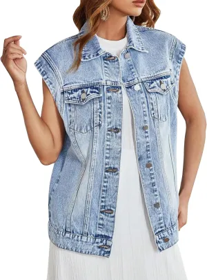 LifeShe Women Denim Vest Jacket Oversized Cap Sleeve Jean Jacket Waistcoat for Women Button Down Summer Top