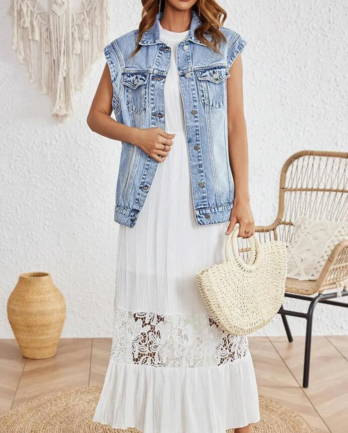 LifeShe Women Denim Vest Jacket Oversized Cap Sleeve Jean Jacket Waistcoat for Women Button Down Summer Top