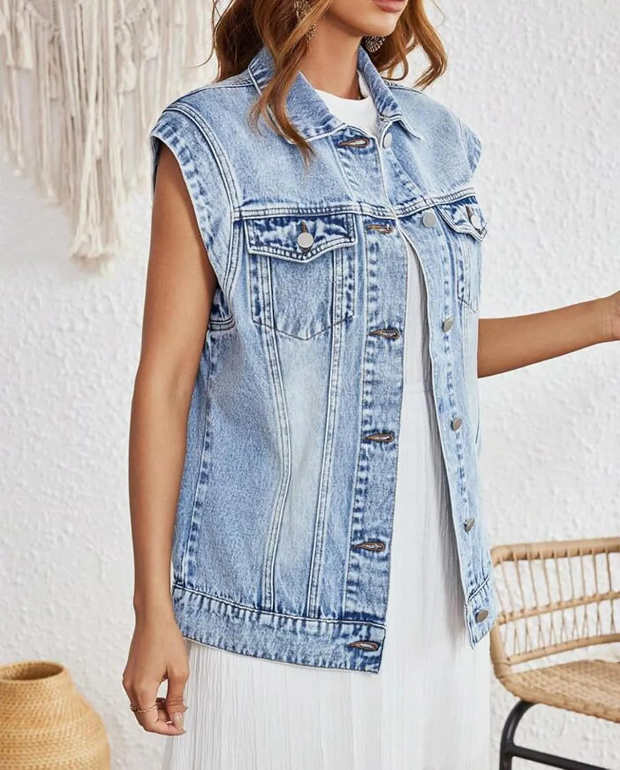 LifeShe Women Denim Vest Jacket Oversized Cap Sleeve Jean Jacket Waistcoat for Women Button Down Summer Top
