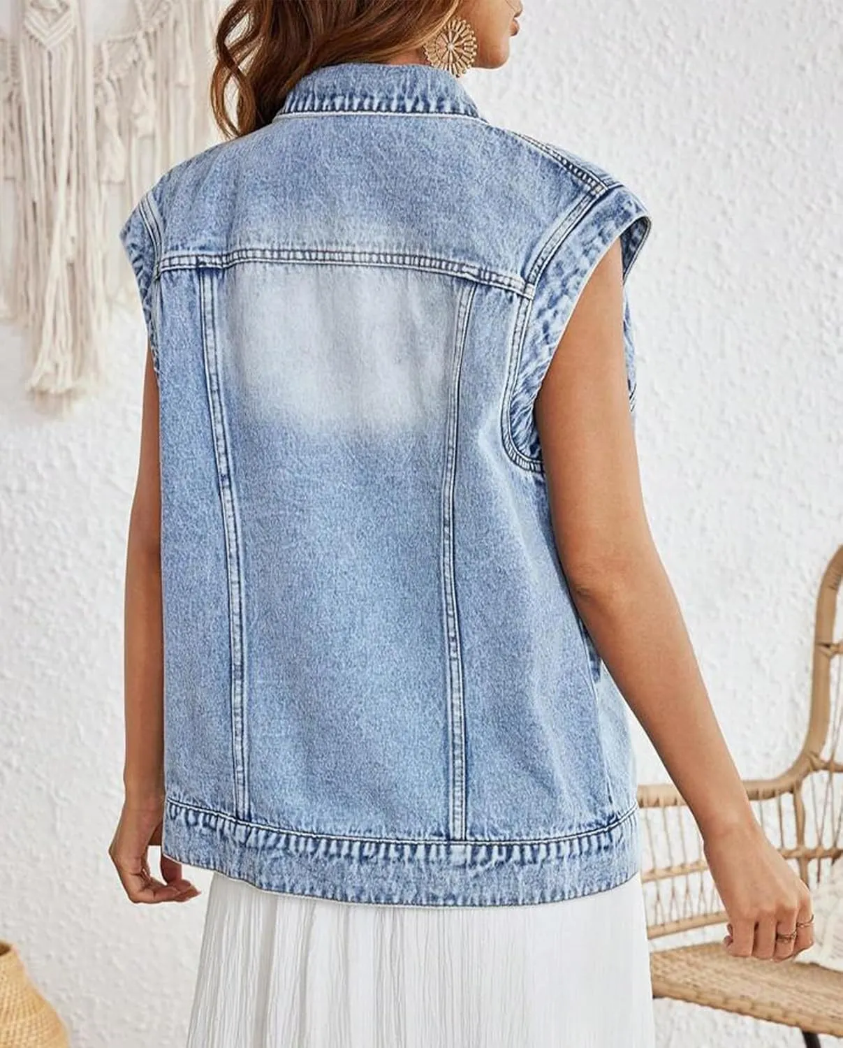 LifeShe Women Denim Vest Jacket Oversized Cap Sleeve Jean Jacket Waistcoat for Women Button Down Summer Top