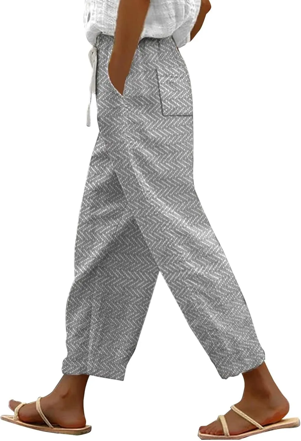 Linen Capri Pants with Drawstring Womens Casual Lightweight Elastic Waist Pants with Pockets Summer Petite Capris