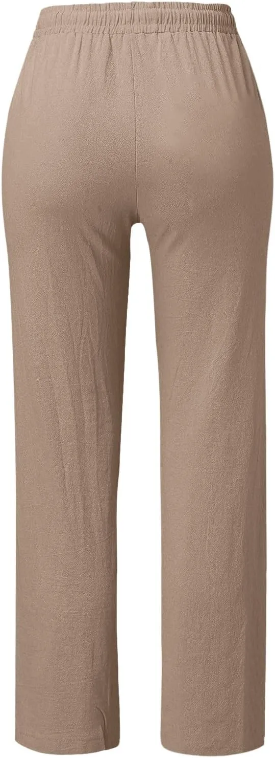 Linen Pants Women Summer Drawstring High Waist Straight Leg Pants Casual Dressy Work Pants Vacation Beach Trousers Pockets