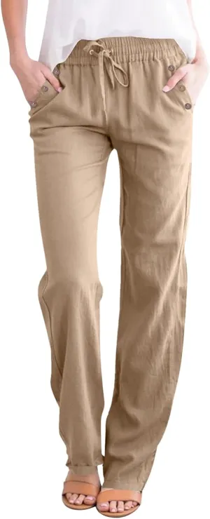 Linen Pants Women Summer Drawstring High Waist Straight Leg Pants Casual Dressy Work Pants Vacation Beach Trousers Pockets
