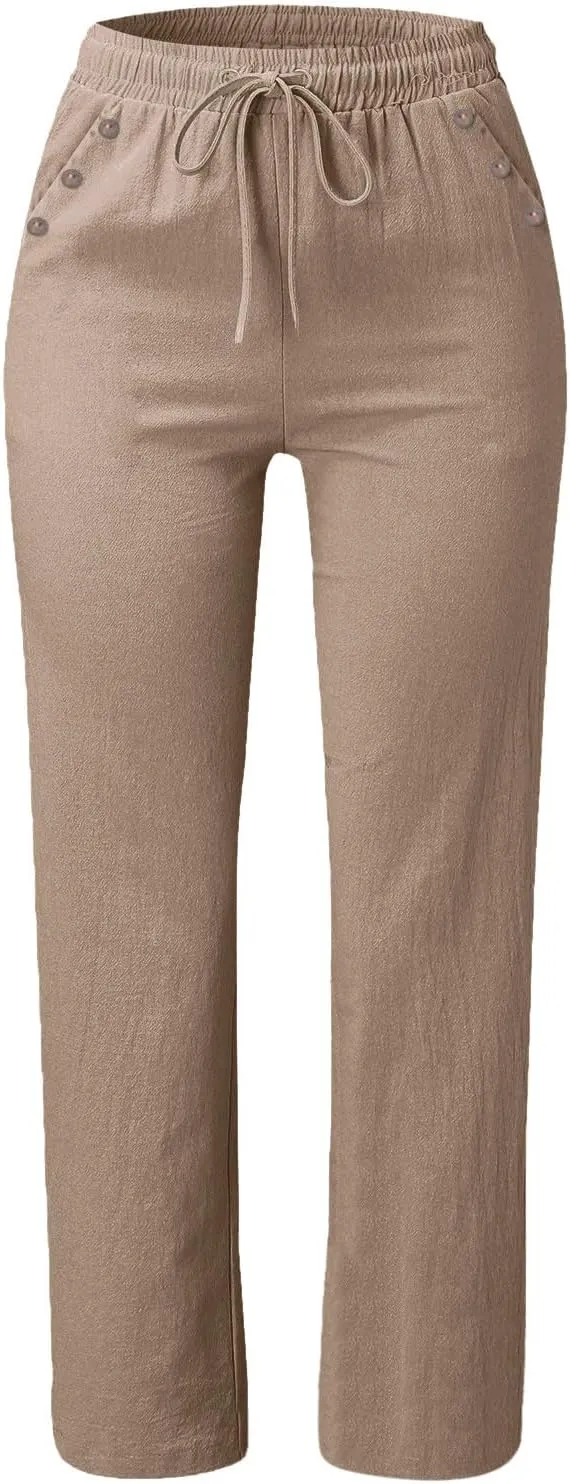 Linen Pants Women Summer Drawstring High Waist Straight Leg Pants Casual Dressy Work Pants Vacation Beach Trousers Pockets