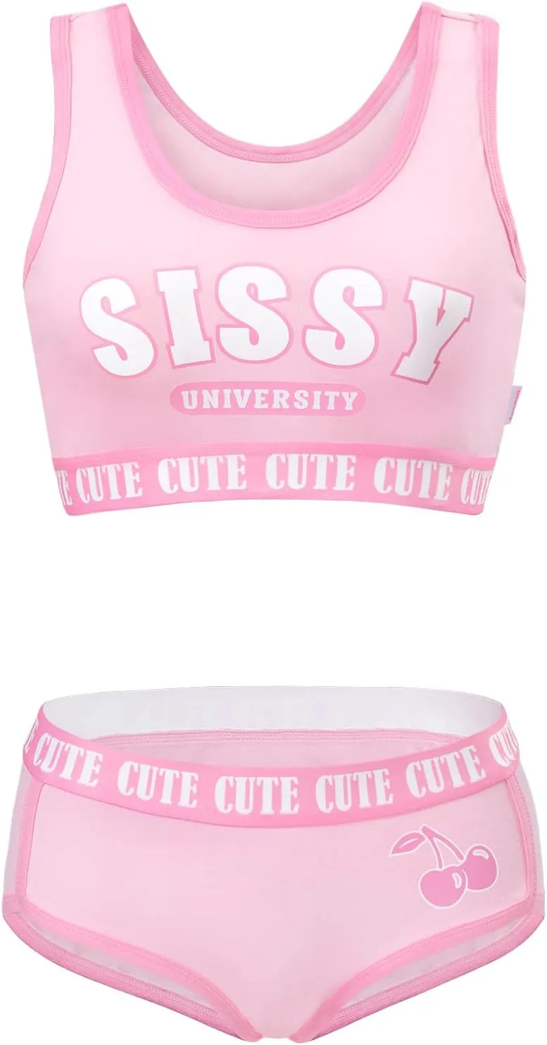 Littleforbig Unisex Cotton Camisole and Panties Sports Loungewear Sissy University Bralette Set