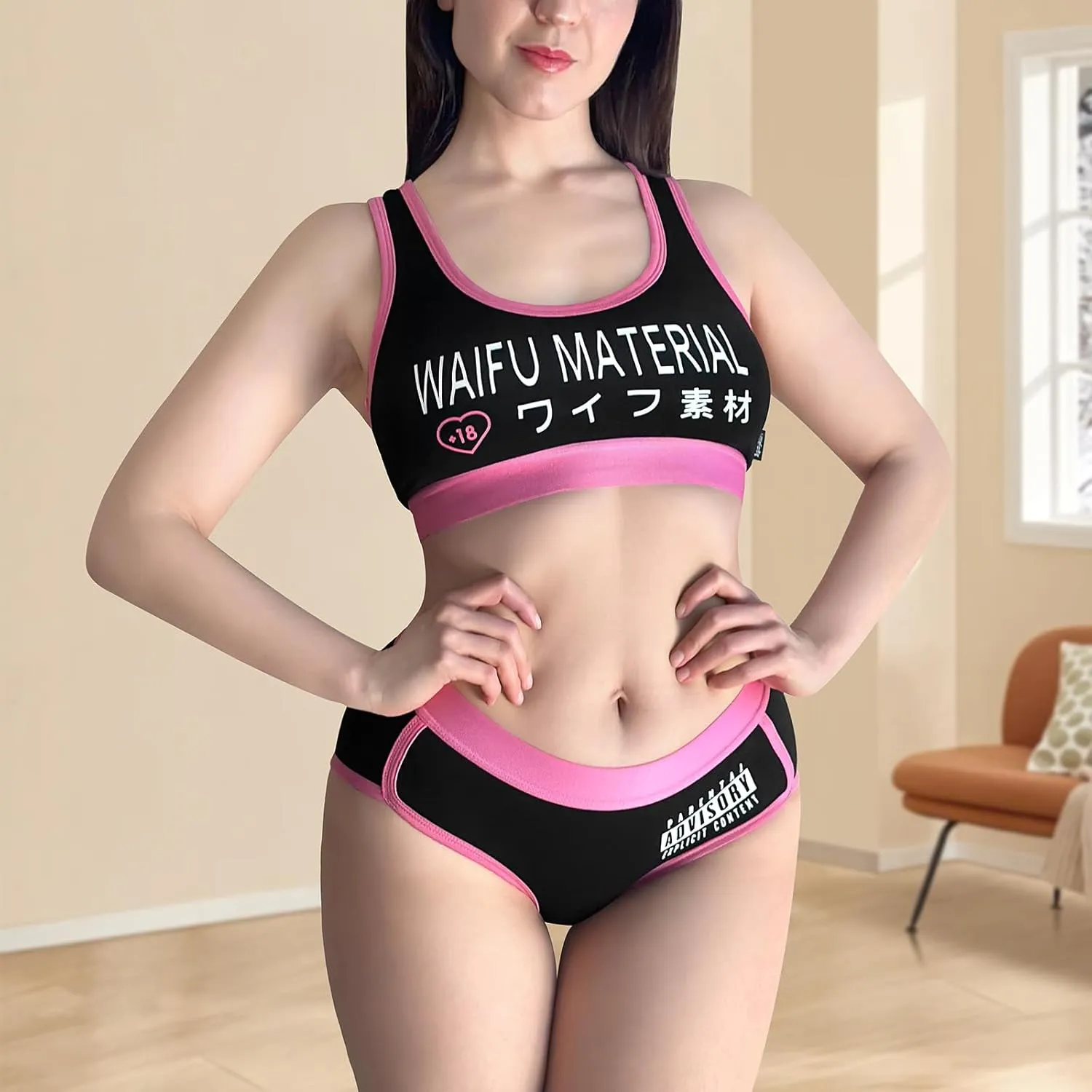 Littleforbig Women Cotton Camisole and Panties Sports Loungewear Waifu Material Bralette Set