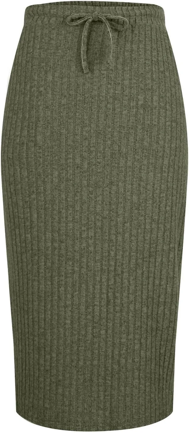 Long Midi Skirts for Women Dressy Casual Drawstring Elastic High Waisted Ribbed Knit Sweater Skirt with Pockets