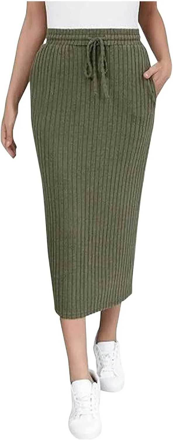Long Midi Skirts for Women Dressy Casual Drawstring Elastic High Waisted Ribbed Knit Sweater Skirt with Pockets