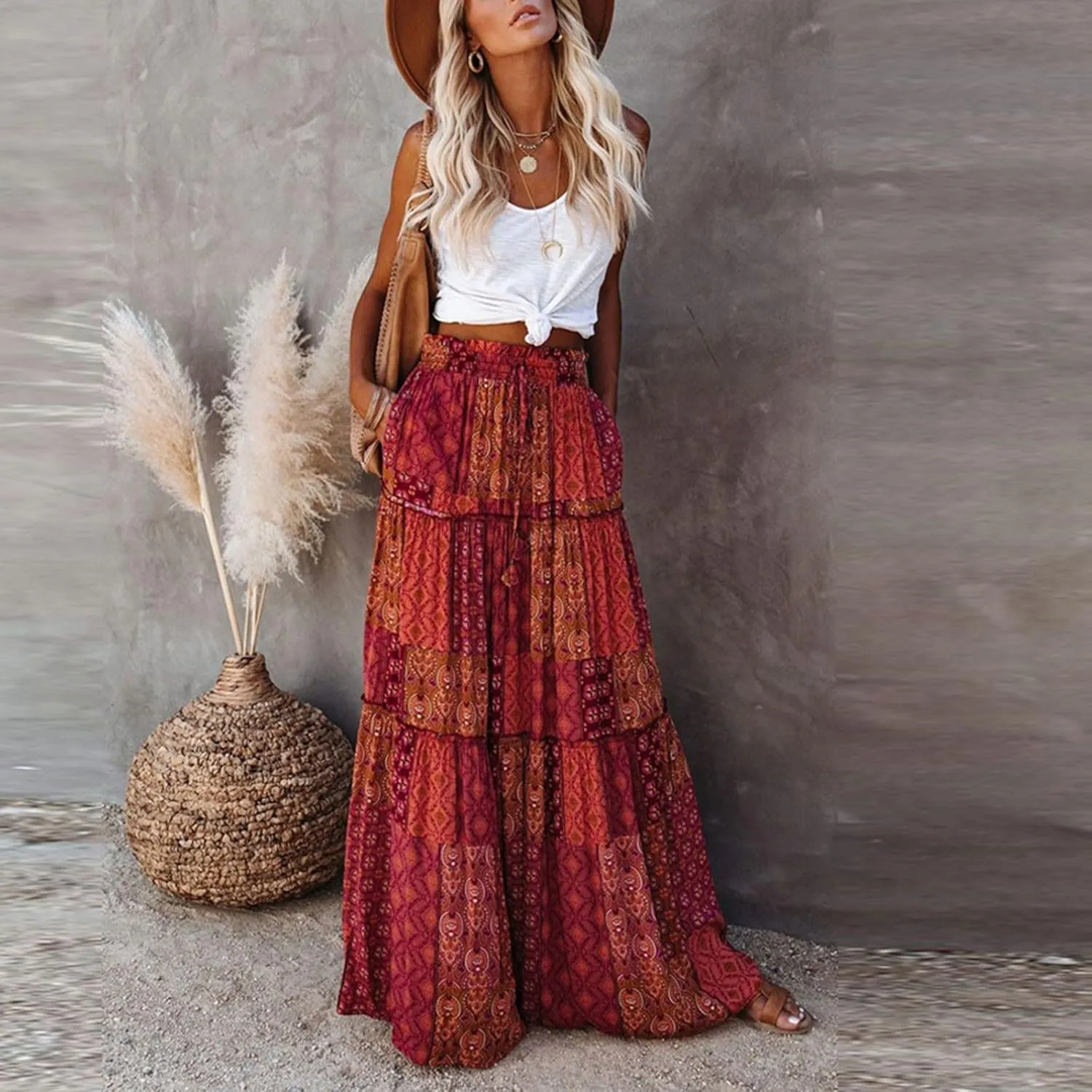 Long Skirt,Elastic High Waisted Linen Flowy Skirts for Women 2025 Summer Womens Boho Maxi Skirt with Pockets