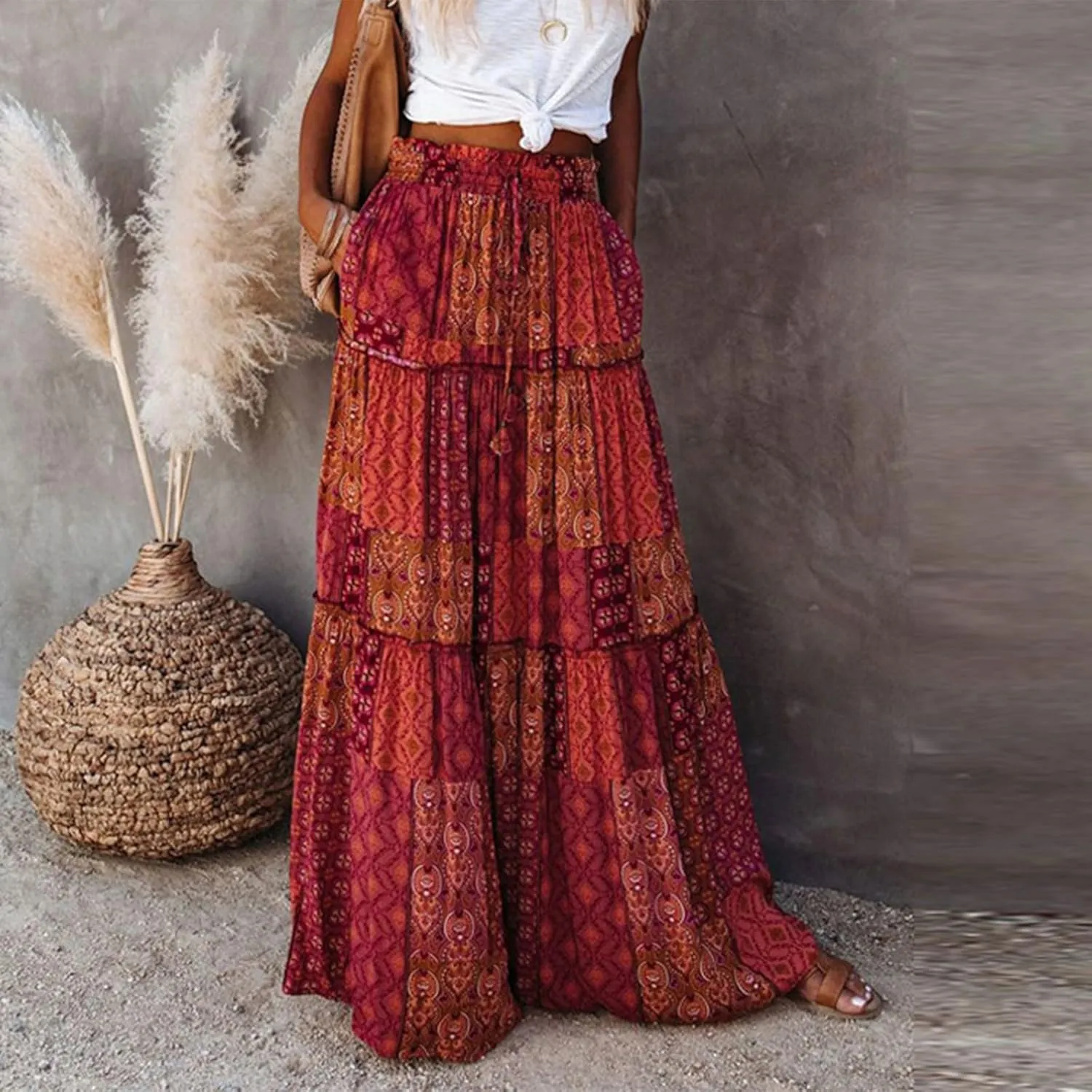 Long Skirt,Elastic High Waisted Linen Flowy Skirts for Women 2025 Summer Womens Boho Maxi Skirt with Pockets