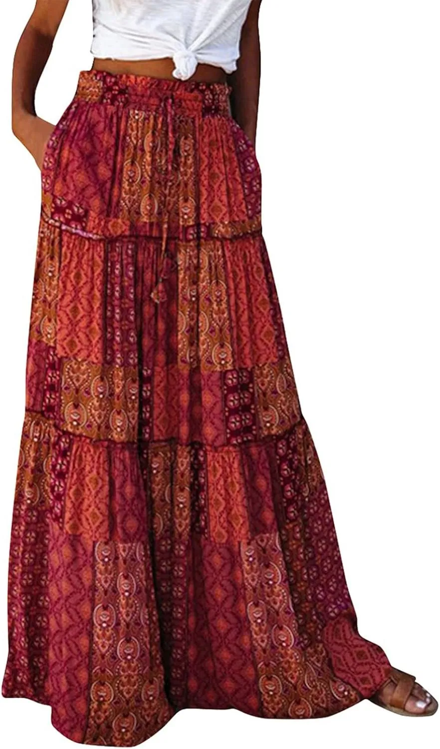 Long Skirt,Elastic High Waisted Linen Flowy Skirts for Women 2025 Summer Womens Boho Maxi Skirt with Pockets
