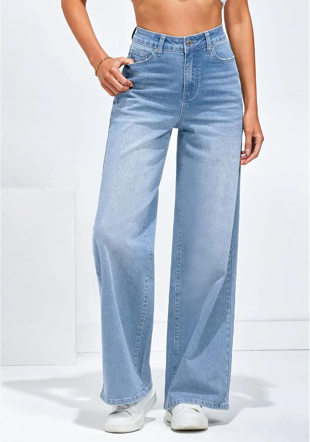 LookbookStore Wide Leg Jeans for Women High Waisted Stretchy Denim Jeans Fashion Baggy Trouser Jean Pants with Pockets