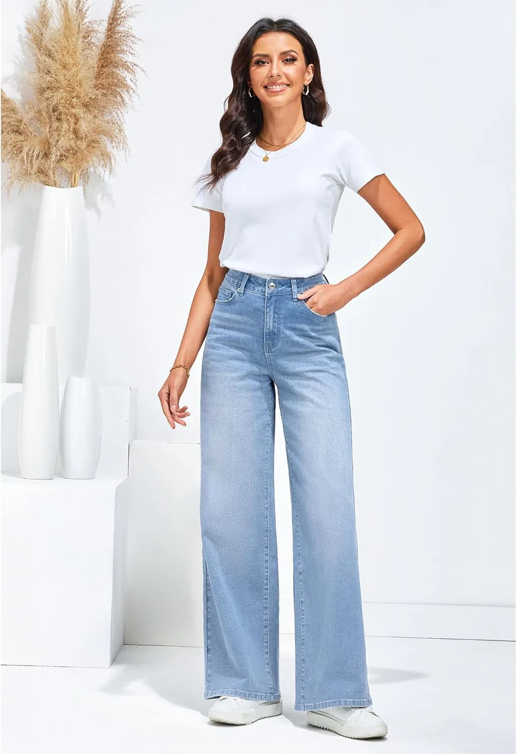 LookbookStore Wide Leg Jeans for Women High Waisted Stretchy Denim Jeans Fashion Baggy Trouser Jean Pants with Pockets