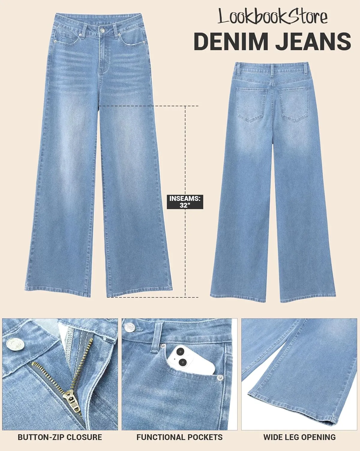 LookbookStore Wide Leg Jeans for Women High Waisted Stretchy Denim Jeans Fashion Baggy Trouser Jean Pants with Pockets