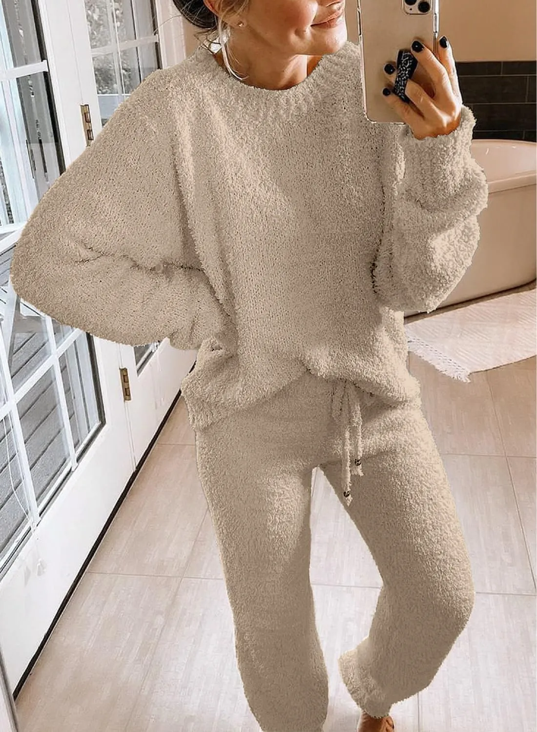 luvamia Women's Casual Pajama Set Fuzzy Fleece Knitted Long Sleeve Pj Loungewear