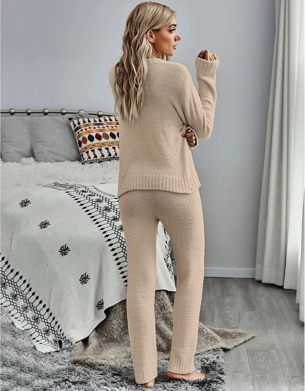 luvamia Women's Casual Pajama Set Fuzzy Fleece Knitted Long Sleeve Pj Loungewear