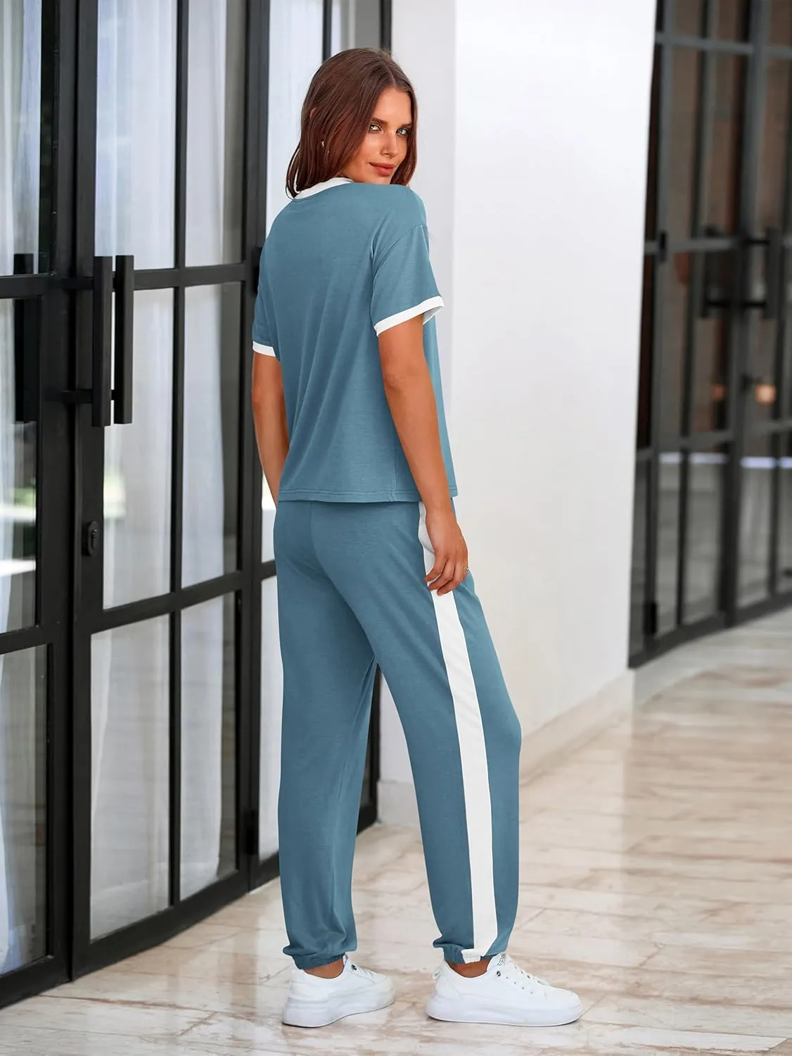 MASCOMODA Womens 2 Piece Outfits 2025 Summer Tracksuit Sets Short Sleeve Tops Travel Long Pants Jogger Lounge Set