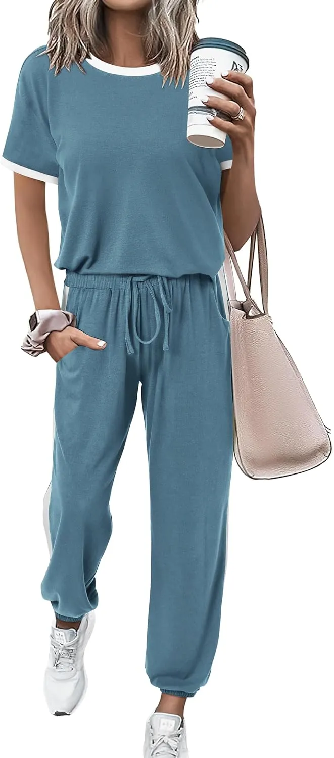 MASCOMODA Womens 2 Piece Outfits 2025 Summer Tracksuit Sets Short Sleeve Tops Travel Long Pants Jogger Lounge Set
