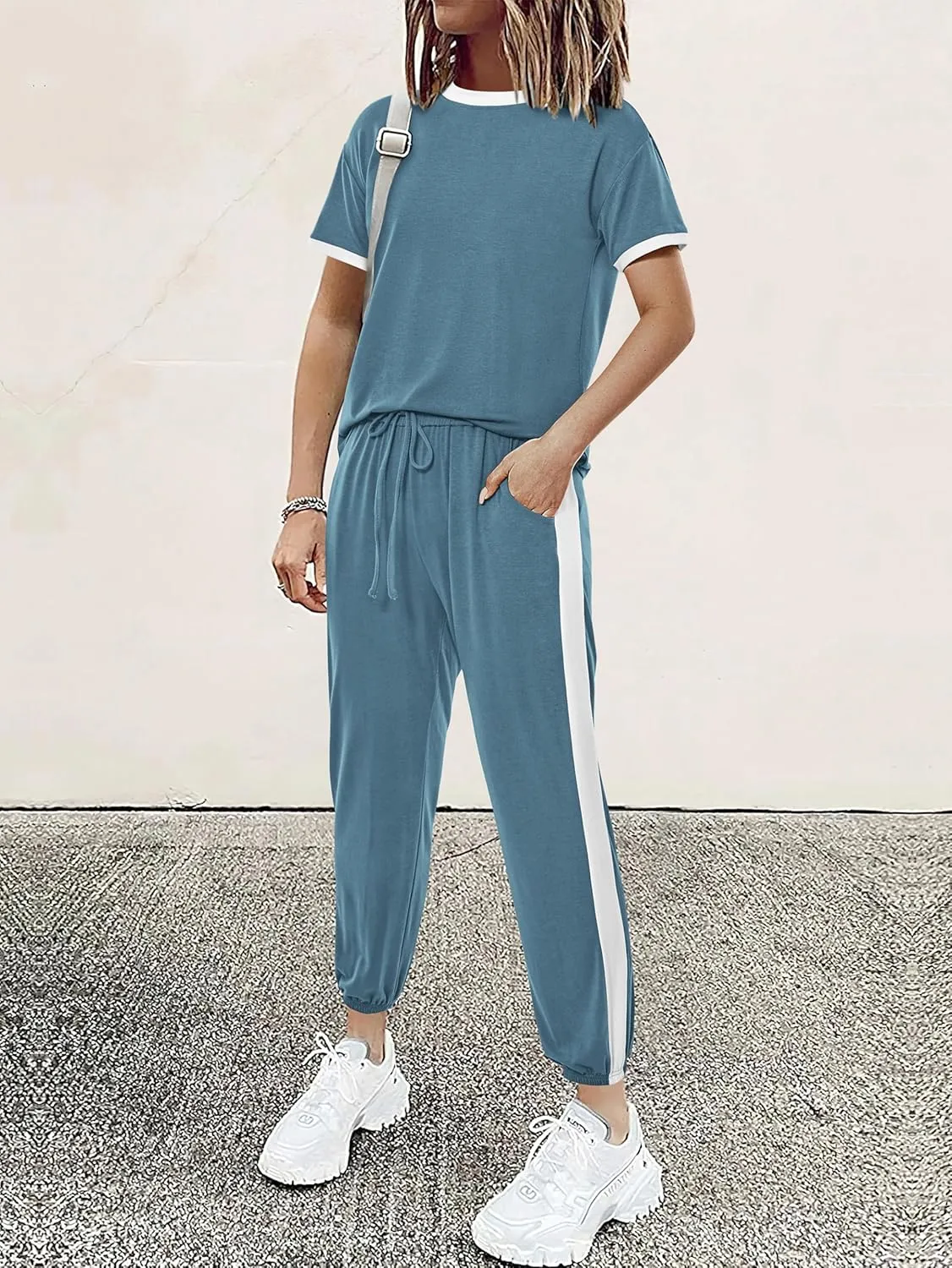 MASCOMODA Womens 2 Piece Outfits 2025 Summer Tracksuit Sets Short Sleeve Tops Travel Long Pants Jogger Lounge Set