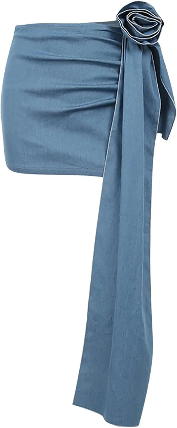Maxi Skirt Women Ladies Fashion Sexy with Solid Color Big Flower Imitation Denim Skirt