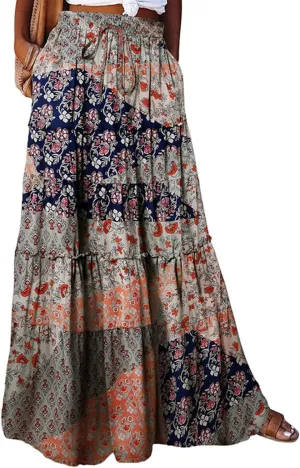 Maxi Skirts-2025 Summer Loose Fit Casual Elastic Waist Bohemian Floral Ruffle Pleated Long Skirts for Women Trendy
