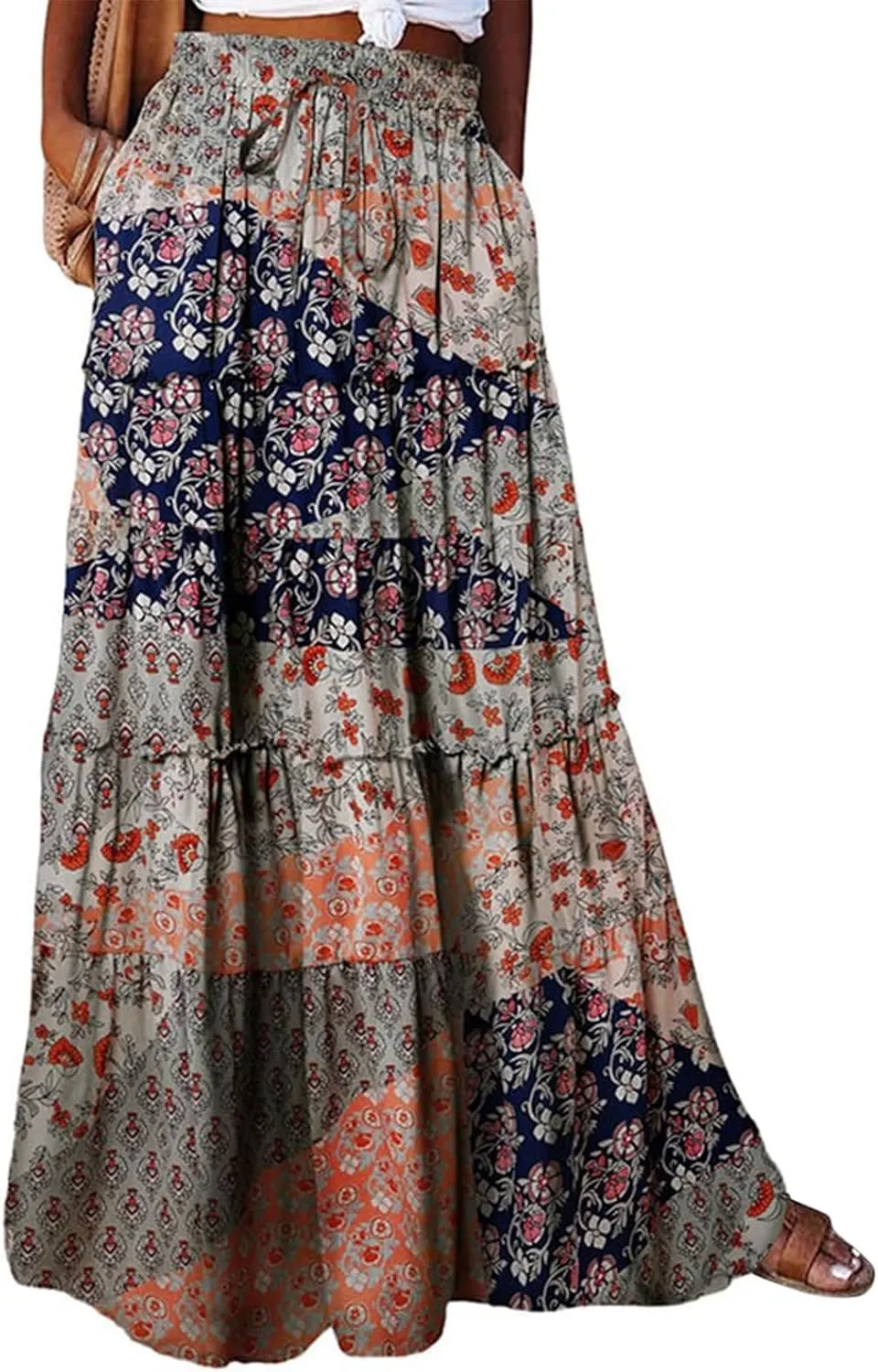 Maxi Skirts-2025 Summer Loose Fit Casual Elastic Waist Bohemian Floral Ruffle Pleated Long Skirts for Women Trendy