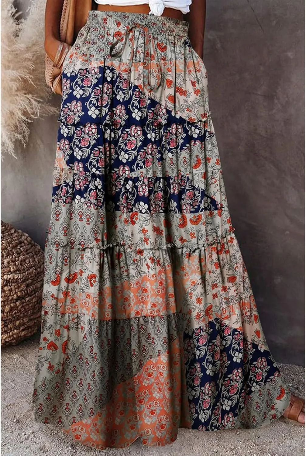 Maxi Skirts-2025 Summer Loose Fit Casual Elastic Waist Bohemian Floral Ruffle Pleated Long Skirts for Women Trendy