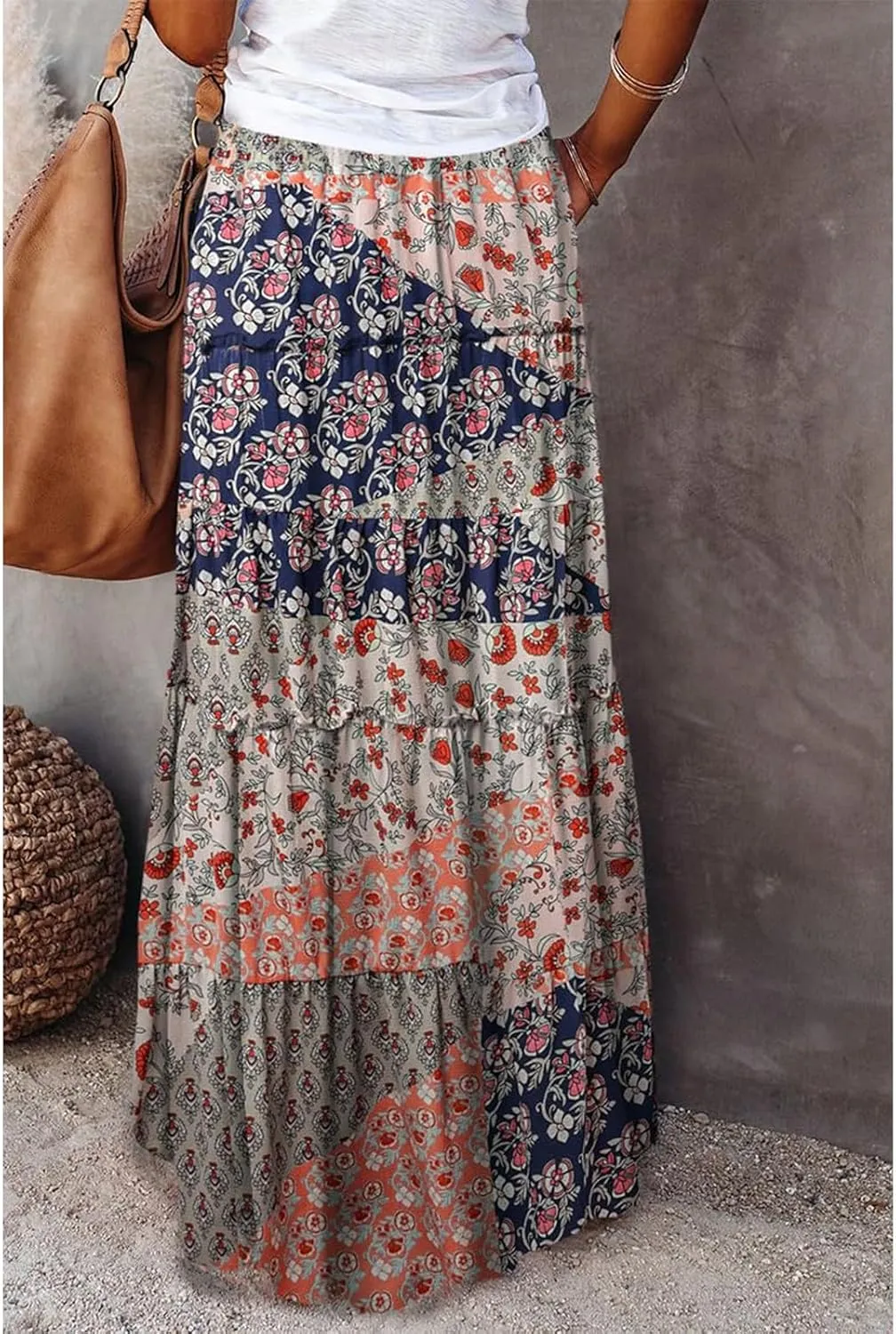 Maxi Skirts-2025 Summer Loose Fit Casual Elastic Waist Bohemian Floral Ruffle Pleated Long Skirts for Women Trendy