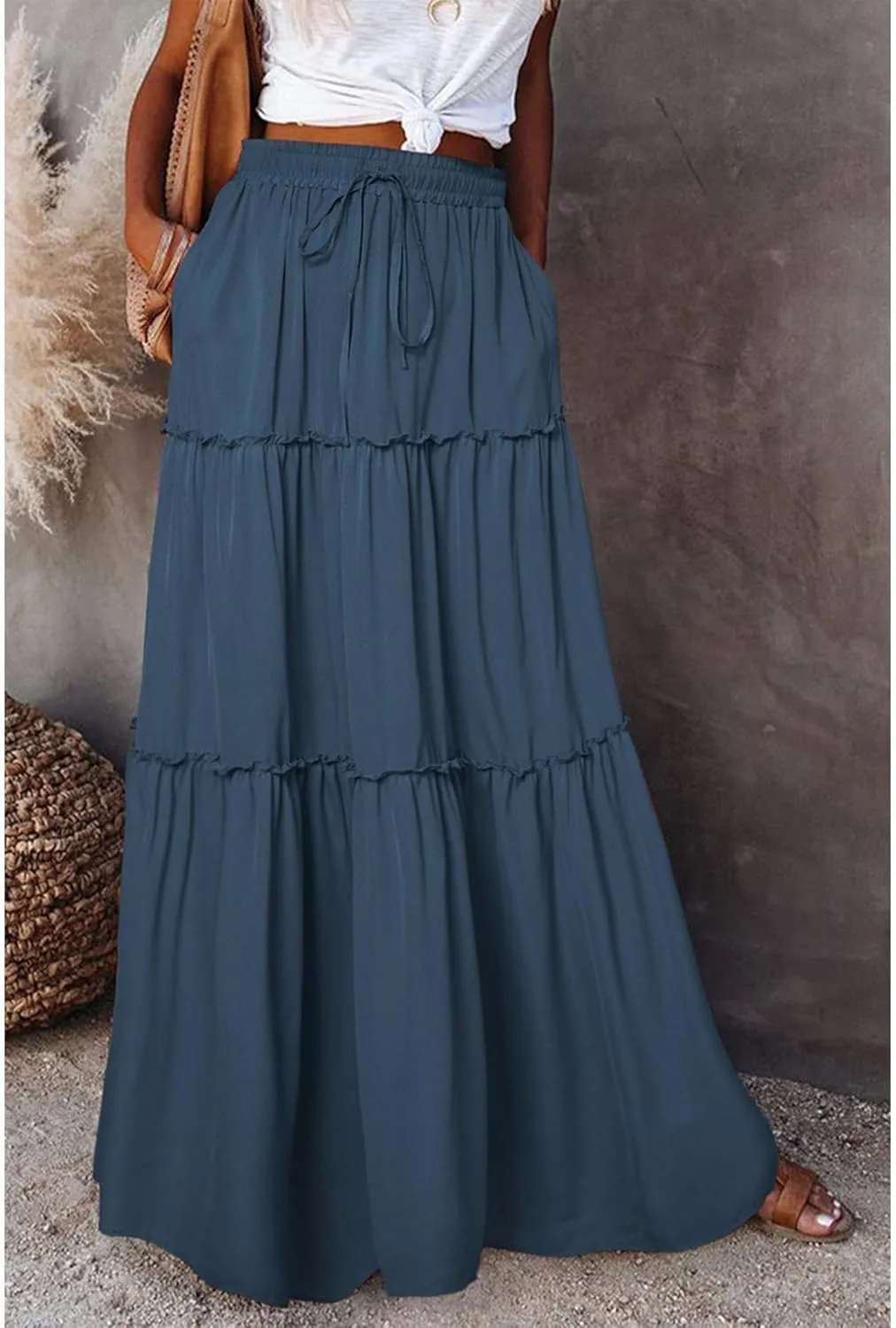 Maxi Skirts for Women High Waist Bohemian A Line Tiered Skirt Summer Casual Pleated Flowy Swing Beach Long Skirt