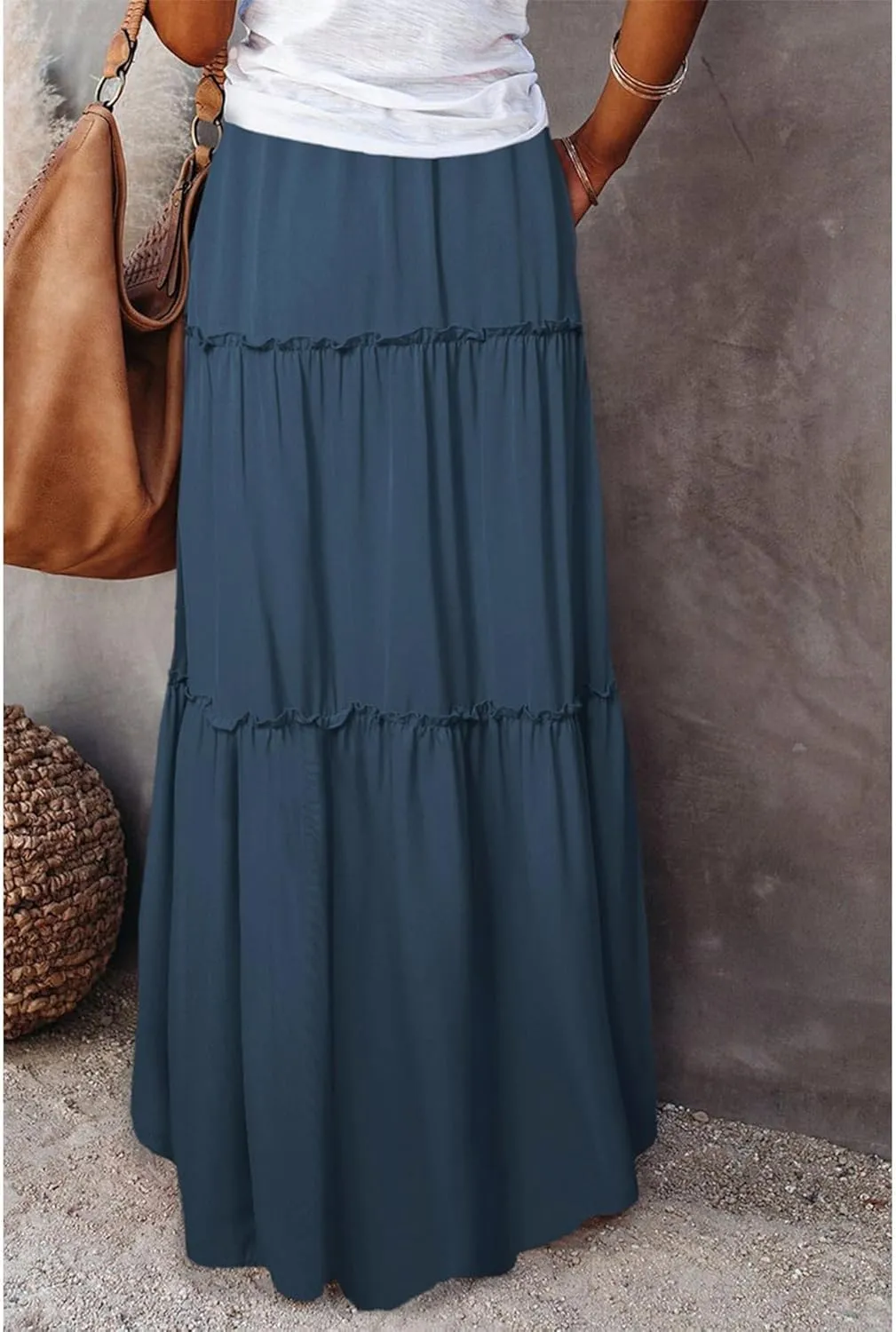 Maxi Skirts for Women High Waist Bohemian A Line Tiered Skirt Summer Casual Pleated Flowy Swing Beach Long Skirt