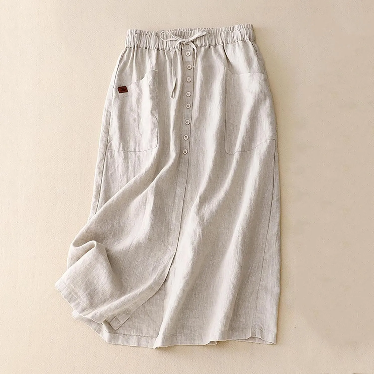 Maxi Skirts for Women Summer Drawstring High Elastic Waist Pleated A Line Skorts Solid Holiday Cotton Linen Skirt