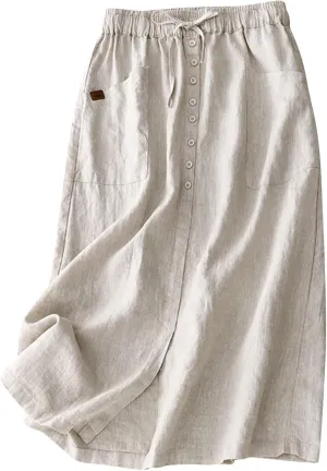 Maxi Skirts for Women Summer Drawstring High Elastic Waist Pleated A Line Skorts Solid Holiday Cotton Linen Skirt