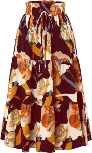 Maxi Skirt,Womens Boho Maxi Skirt with Pockets Elastic High Waisted Linen Summer Flowy Long Skirts for Women 2025
